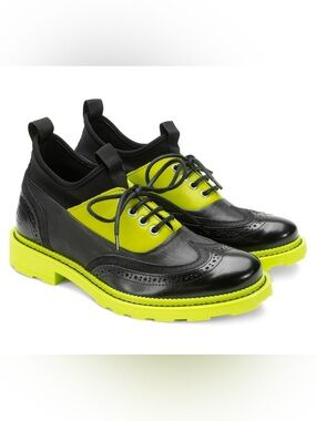 John Fluevog 7.5 Felix Black/Lime Wingtip Brogues